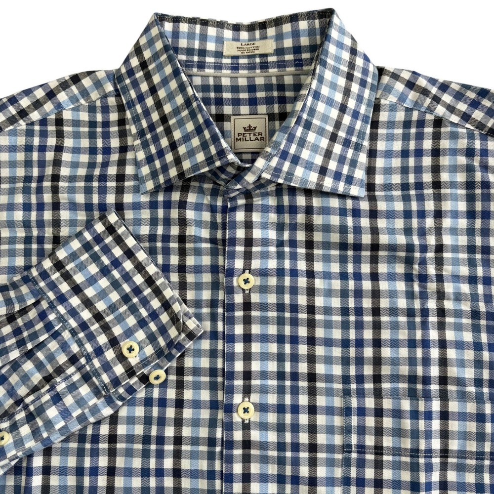Peter Millar Gingham Check Dress Shirt Mens L Blue White Cotton